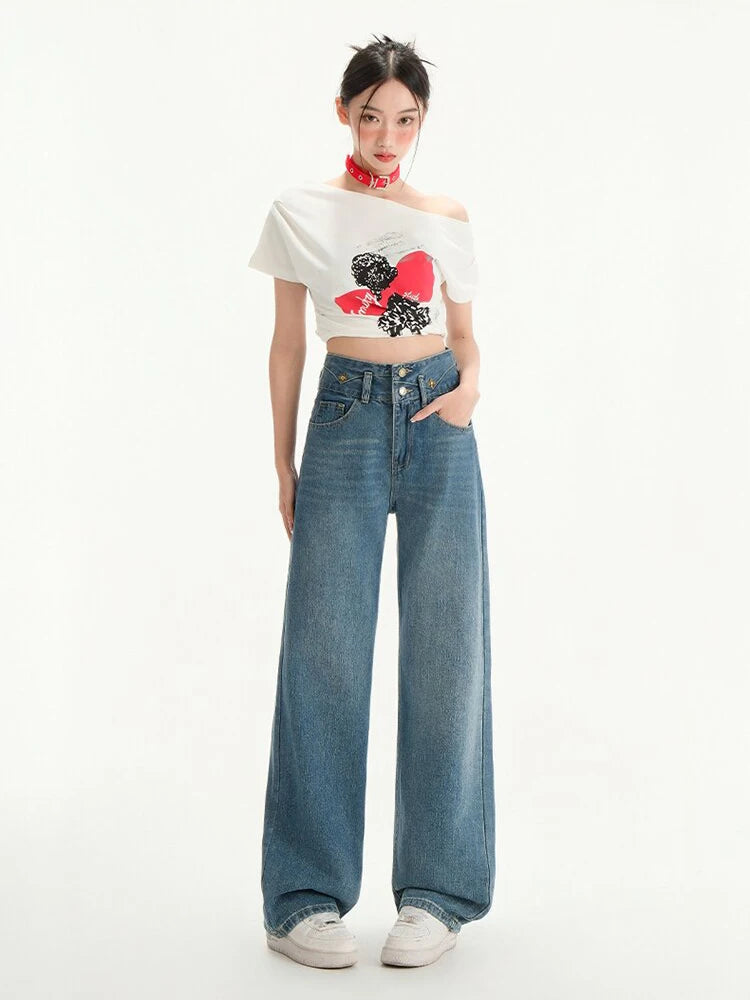 High Waist Jeans Trousers for Women Spring Summer 2025 Y2K Streetwear Full-Length Straight Denim Pants Women Blue Jeans Women