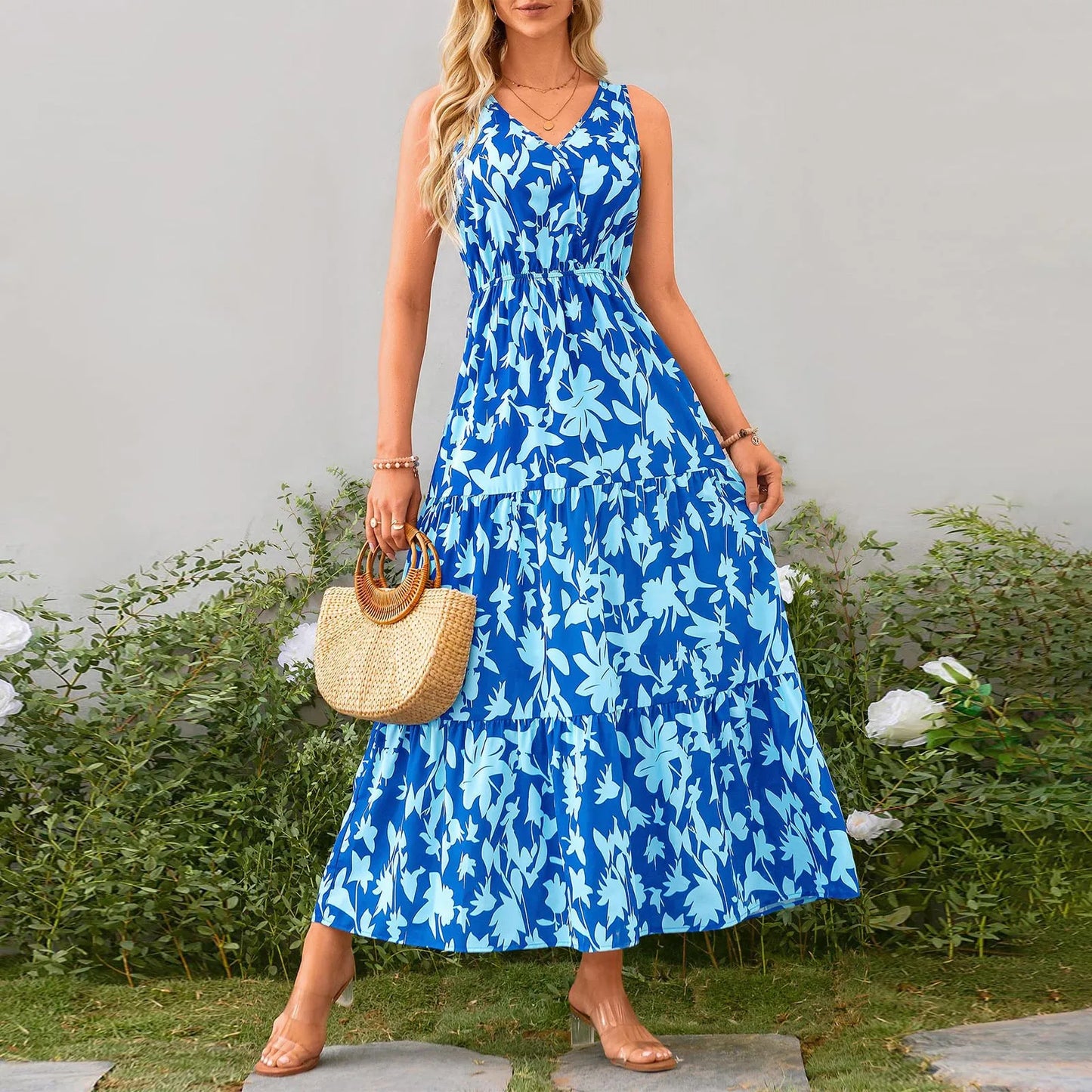 High Waist Flower Printed Dresses For Women Summer Casual Loose And Comfortable Beach Style Sleeveless V-neck Long Dresses