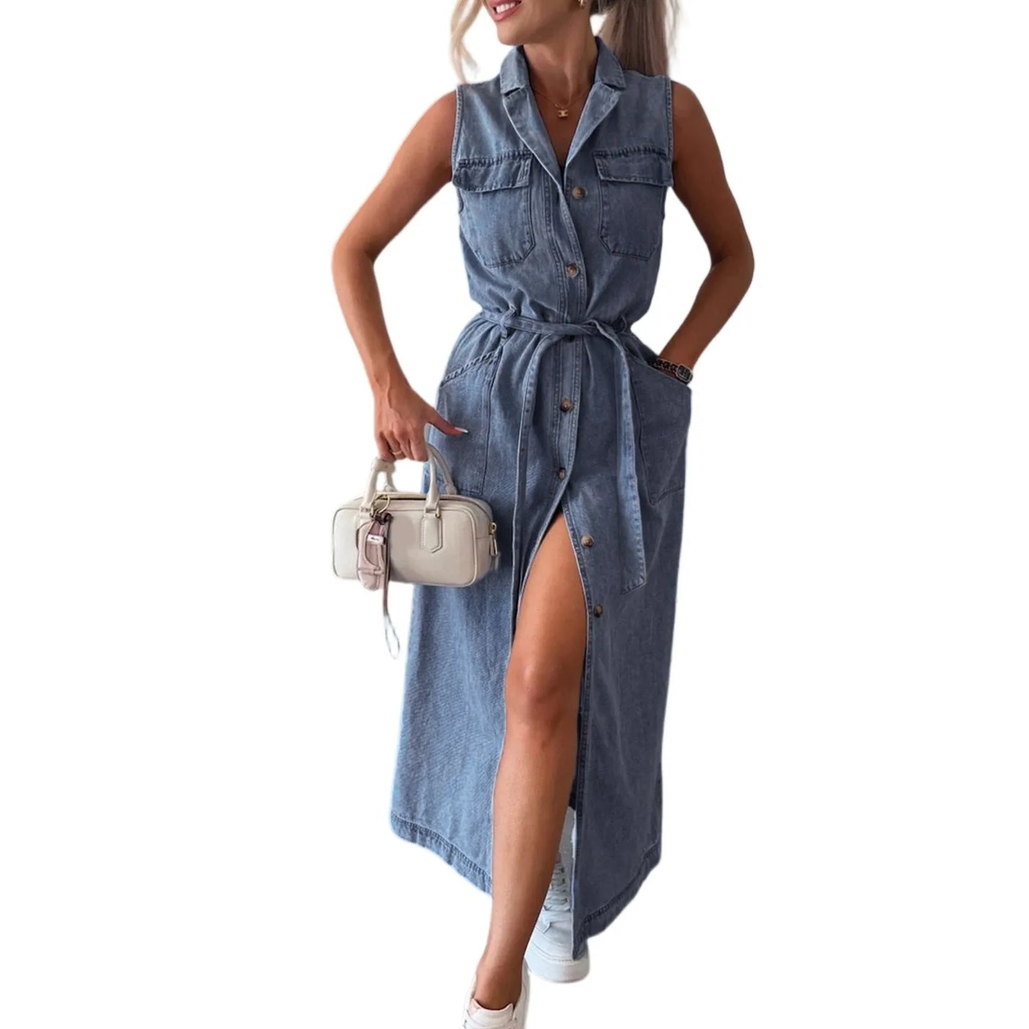 Ladies’ Distressed Denim Waist Cinched Dress - Sleeveless Single Breasted Tunic with Belt Loops & Vintage Wash Details