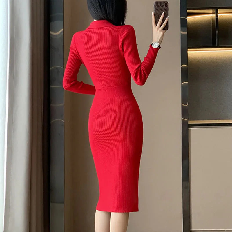 Elegant High Waist Bodycon Dress Women Fashion Streetwear Slim Elastic Knitted Dresses Ladies with Buttons V-Neck Dress Robe