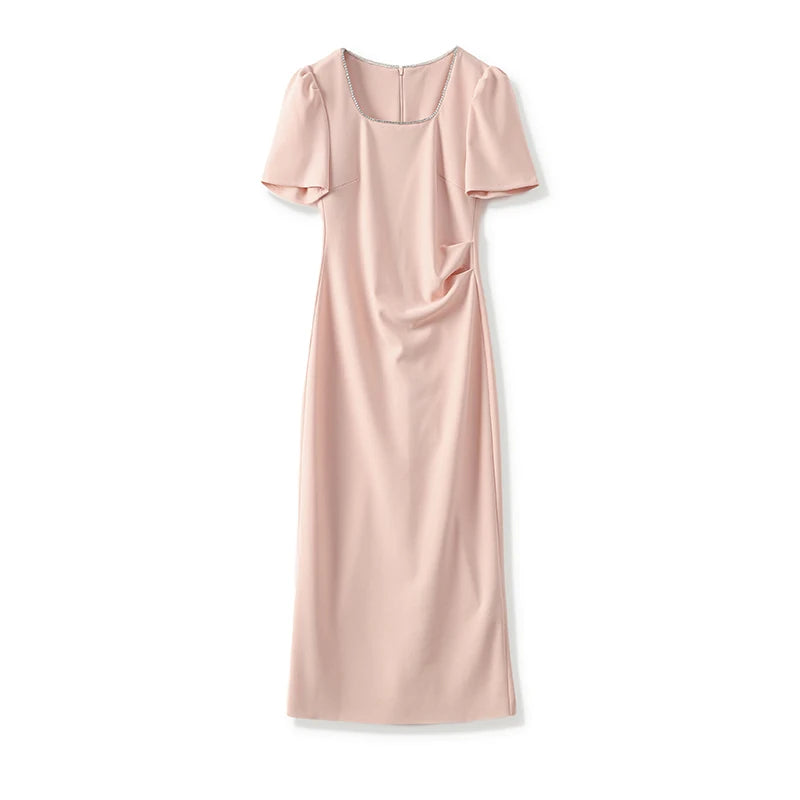 2025 Luxury French Waist Dress Women's Elegant Ruffle Detail Retro Square Neckline Vintage Chic Party & Daily Wear