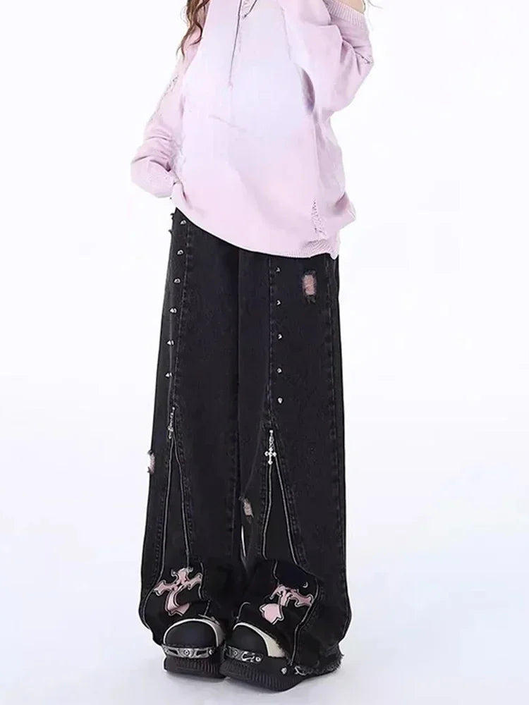 Vintage High Waist Cowboy Pants Harajuku Trousers Aesthetic Y2K Sweet Cool Straight Leg Jeans for Women Black Gothic Baggy