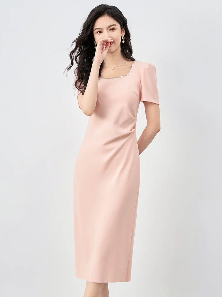 2025 Luxury French Waist Dress Women's Elegant Ruffle Detail Retro Square Neckline Vintage Chic Party & Daily Wear
