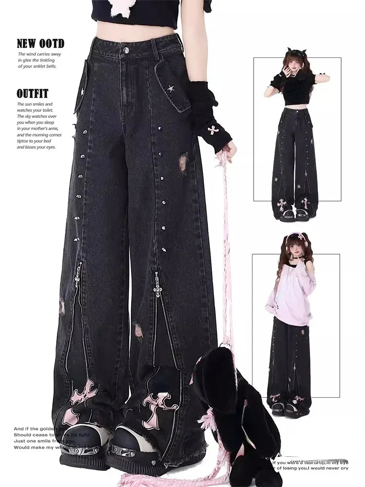 Vintage High Waist Cowboy Pants Harajuku Trousers Aesthetic Y2K Sweet Cool Straight Leg Jeans for Women Black Gothic Baggy