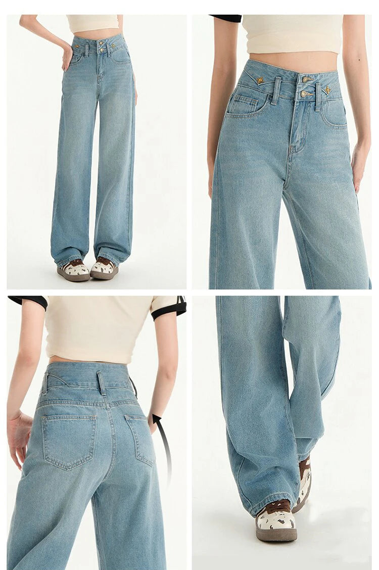 High Waist Jeans Trousers for Women Spring Summer 2025 Y2K Streetwear Full-Length Straight Denim Pants Women Blue Jeans Women