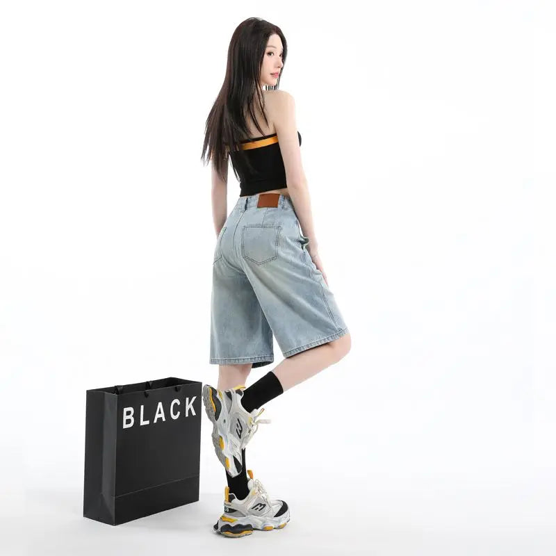 Woman High Waist Vintage Wide Leg Jeans Female Y2k 2000s Streetwear Pants Girls Fashion Retro Blue Light Blue Baggy Denim Shorts