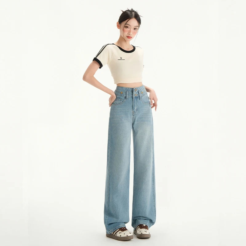 High Waist Jeans Trousers for Women Spring Summer 2025 Y2K Streetwear Full-Length Straight Denim Pants Women Blue Jeans Women