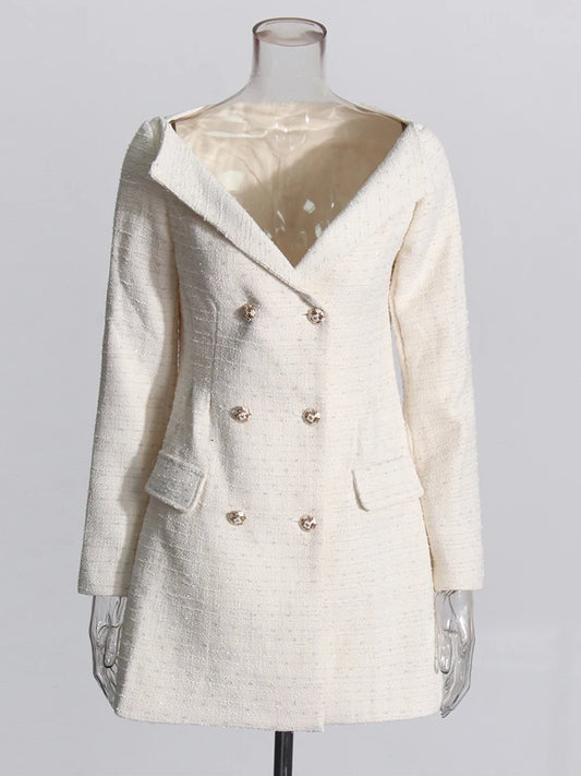 Casual Elegant Dresses For Women Slash Neck Long Sleeve High Waist Spliced Double Breasted Dress Female Fashion New