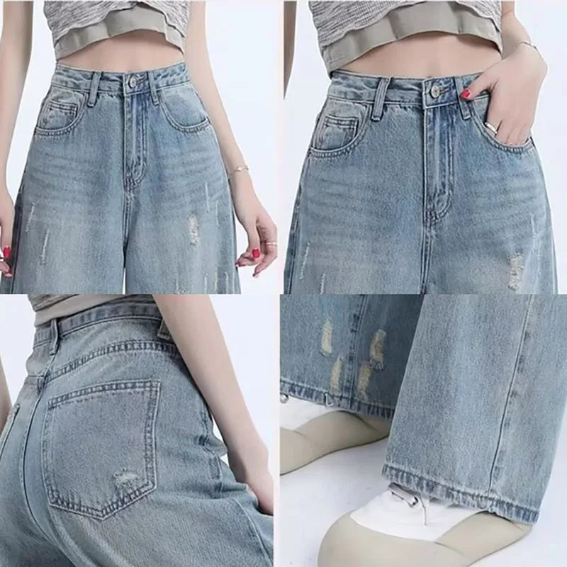 Fashion Women'S High Waist Blue Wide Leg Jeans Ripped Jeans Designer Jeans Straight Pants Casual Flared Trousers
