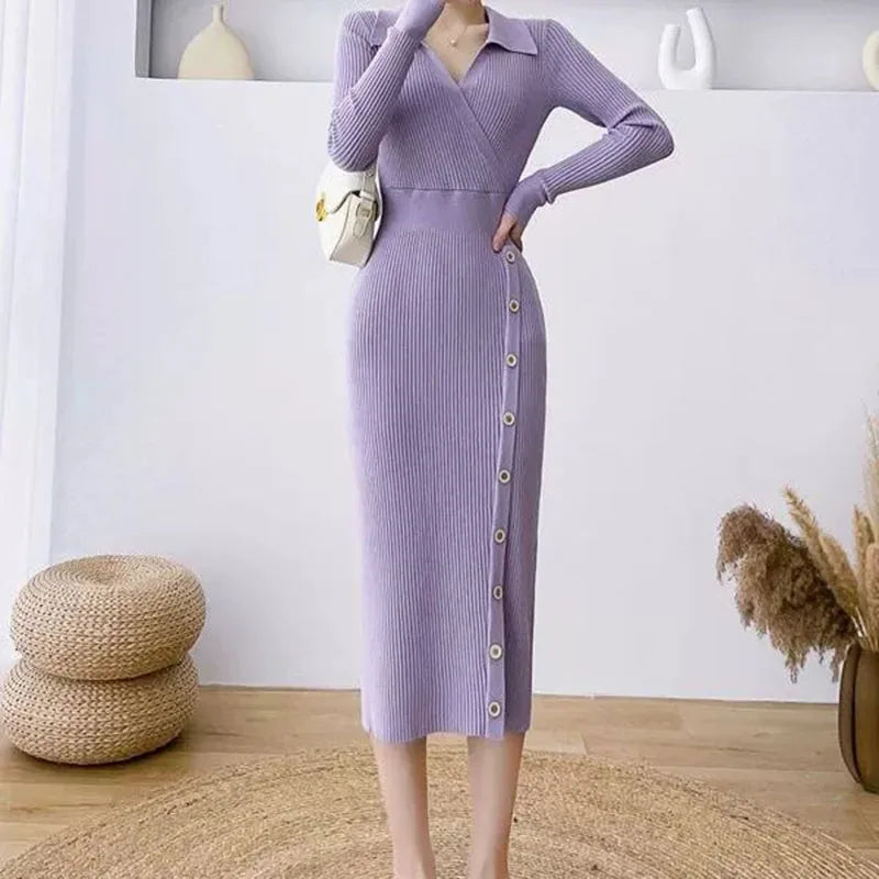 Elegant High Waist Bodycon Dress Women Fashion Streetwear Slim Elastic Knitted Dresses Ladies with Buttons V-Neck Dress Robe
