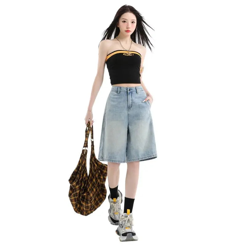 Woman High Waist Vintage Wide Leg Jeans Female Y2k 2000s Streetwear Pants Girls Fashion Retro Blue Light Blue Baggy Denim Shorts