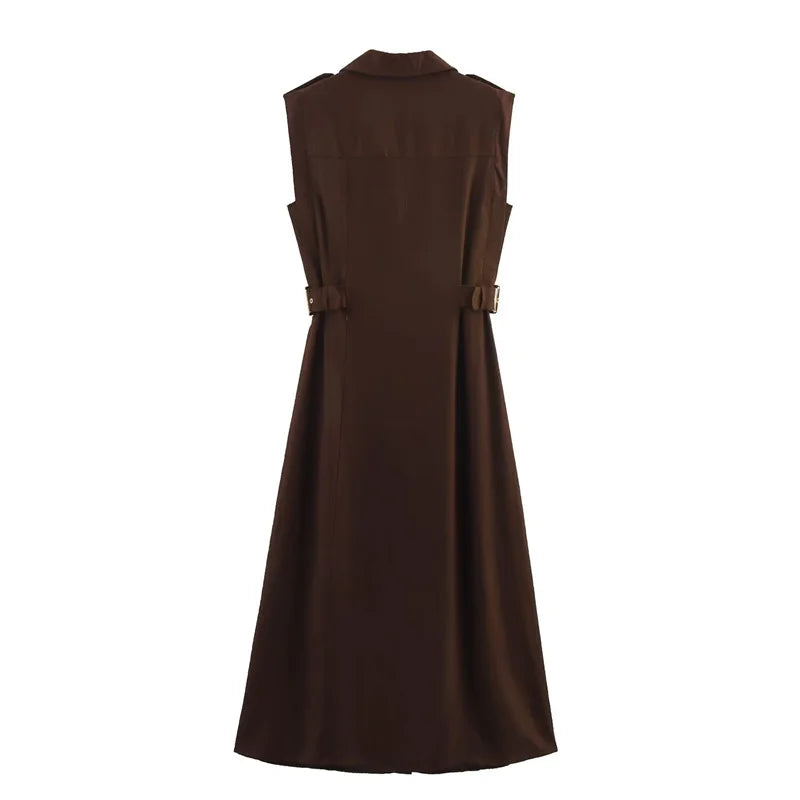 Women's Dresses New Summer 2025 Sleeveless Midi Dress Waist Nippling Waist Design Large A Skirt Casual Fashion High-end personal