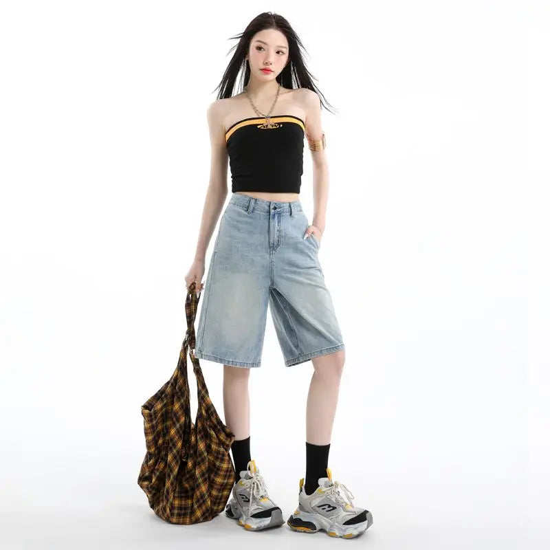 Woman High Waist Vintage Wide Leg Jeans Female Y2k 2000s Streetwear Pants Girls Fashion Retro Blue Light Blue Baggy Denim Shorts