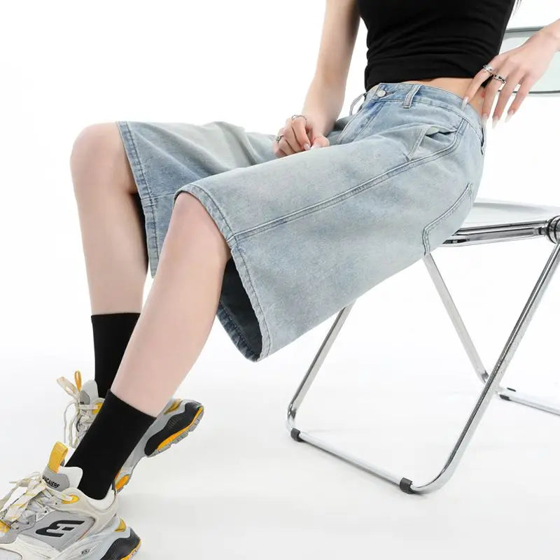 Woman High Waist Vintage Wide Leg Jeans Female Y2k 2000s Streetwear Pants Girls Fashion Retro Blue Light Blue Baggy Denim Shorts