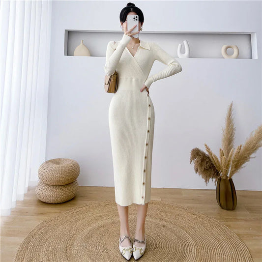 Elegant High Waist Bodycon Dress Women Fashion Streetwear Slim Elastic Knitted Dresses Ladies with Buttons V-Neck Dress Robe