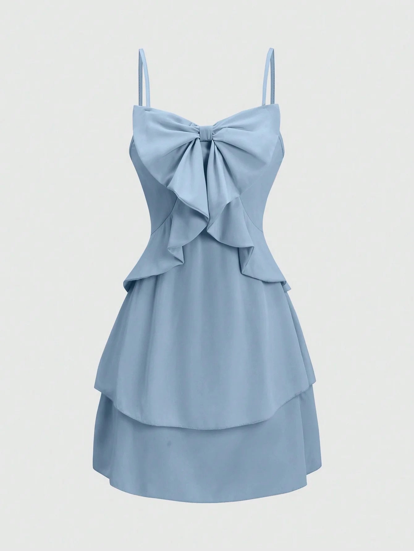 Fashionable women's waist cinched three-layer ruffle edge bow suspender dress