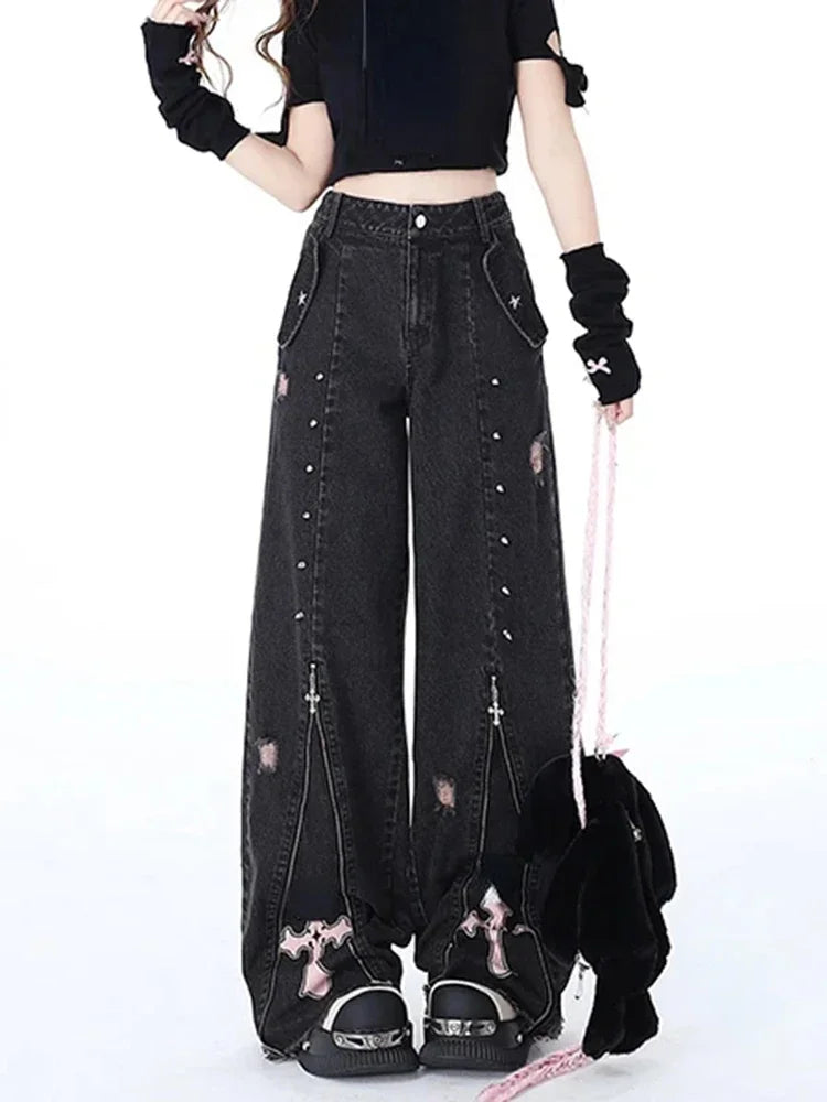 Vintage High Waist Cowboy Pants Harajuku Trousers Aesthetic Y2K Sweet Cool Straight Leg Jeans for Women Black Gothic Baggy