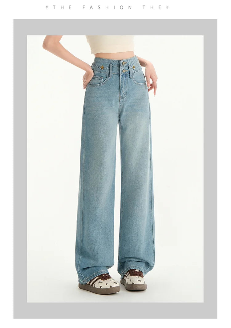 High Waist Jeans Trousers for Women Spring Summer 2025 Y2K Streetwear Full-Length Straight Denim Pants Women Blue Jeans Women