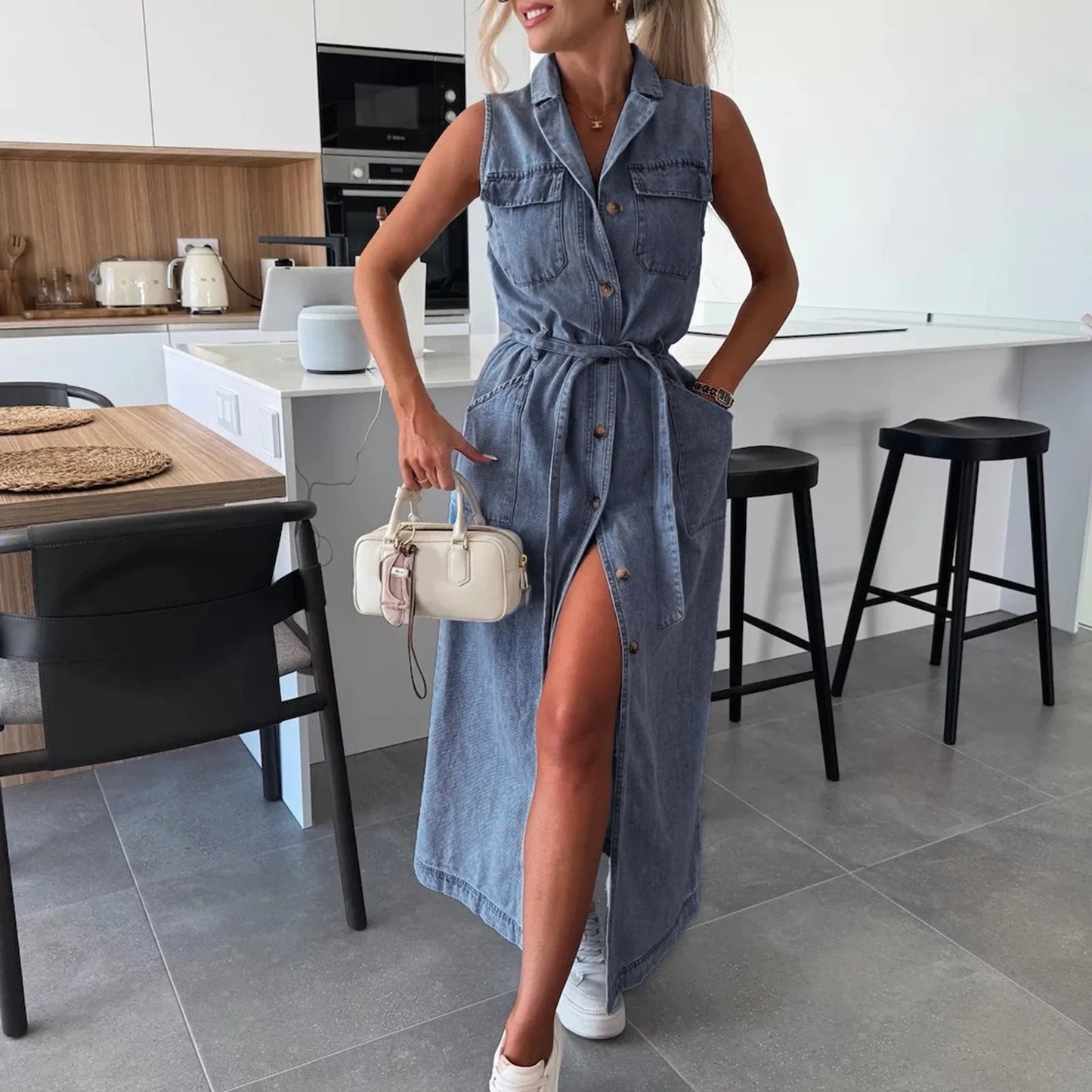 Ladies’ Distressed Denim Waist Cinched Dress - Sleeveless Single Breasted Tunic with Belt Loops & Vintage Wash Details