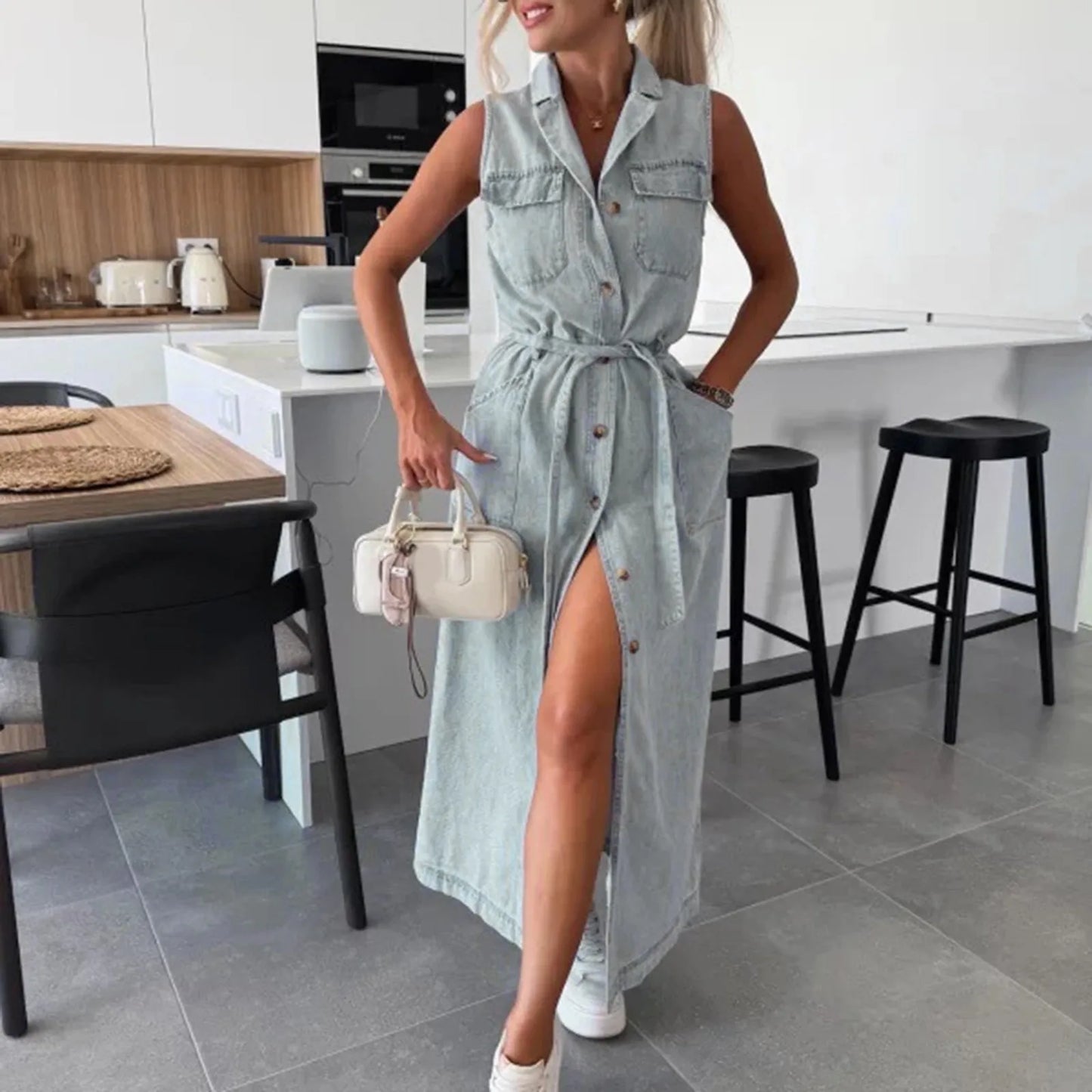 Ladies’ Distressed Denim Waist Cinched Dress - Sleeveless Single Breasted Tunic with Belt Loops & Vintage Wash Details