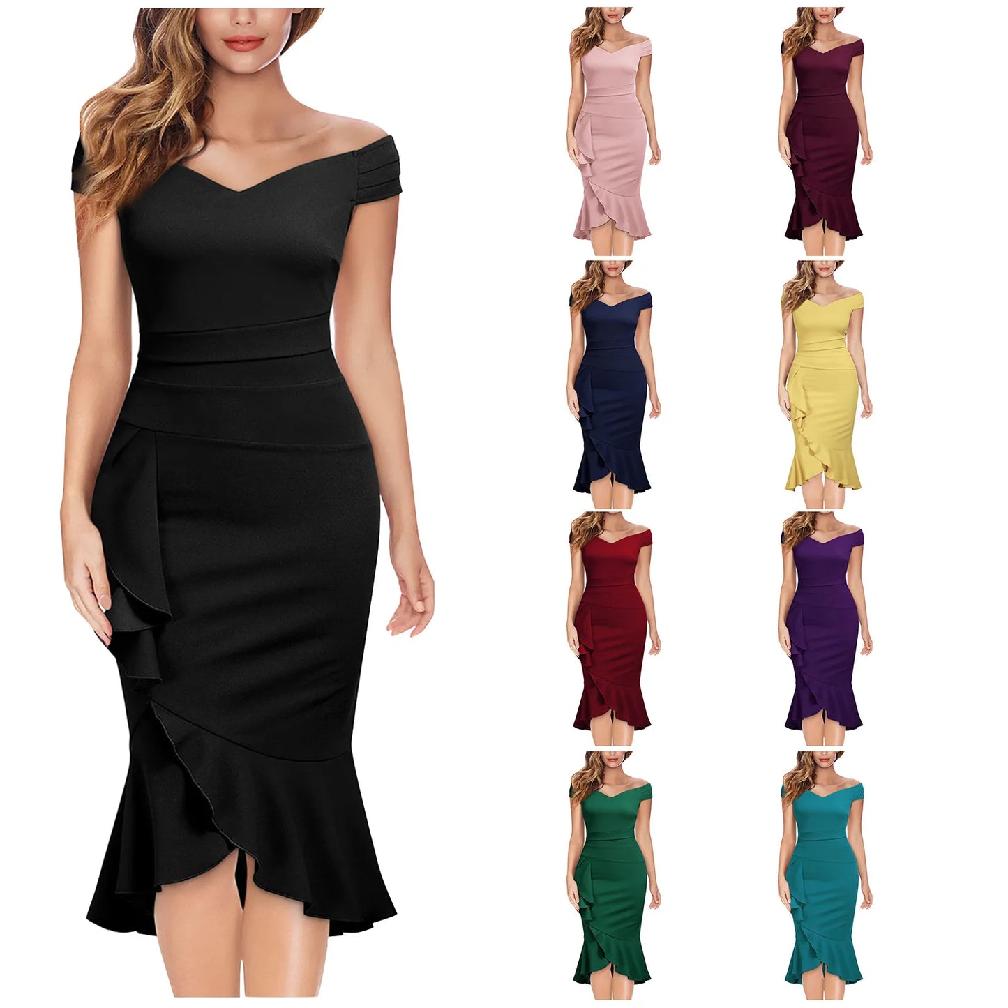 Women's elegant party dresses Off Shoulder V-Neck Ruffle Pleat Waist Slit Dress classic fishtail skirt traf vestidos para mujer