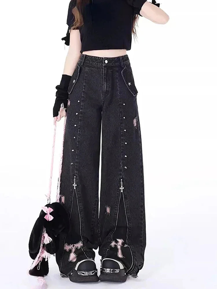 Vintage High Waist Cowboy Pants Harajuku Trousers Aesthetic Y2K Sweet Cool Straight Leg Jeans for Women Black Gothic Baggy