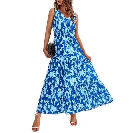 High Waist Flower Printed Dresses For Women Summer Casual Loose And Comfortable Beach Style Sleeveless V-neck Long Dresses