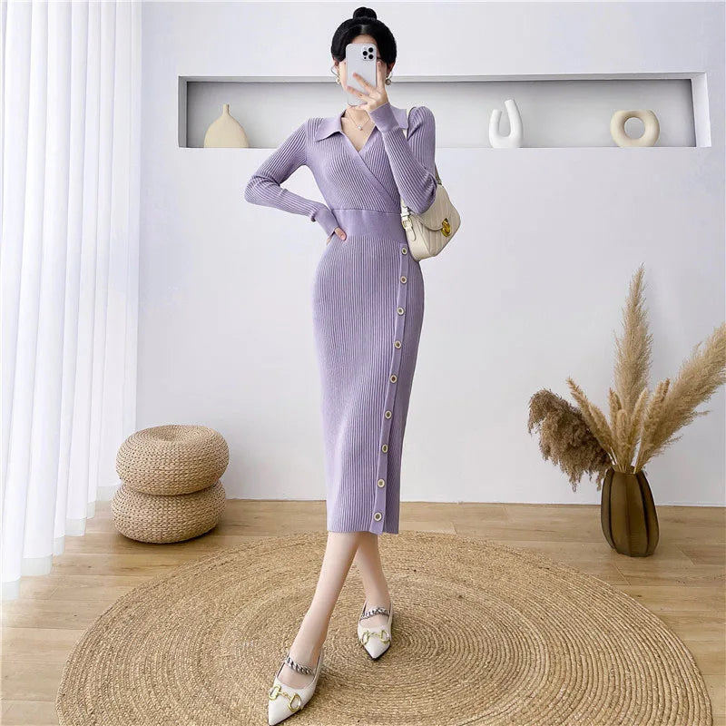 Elegant High Waist Bodycon Dress Women Fashion Streetwear Slim Elastic Knitted Dresses Ladies with Buttons V-Neck Dress Robe