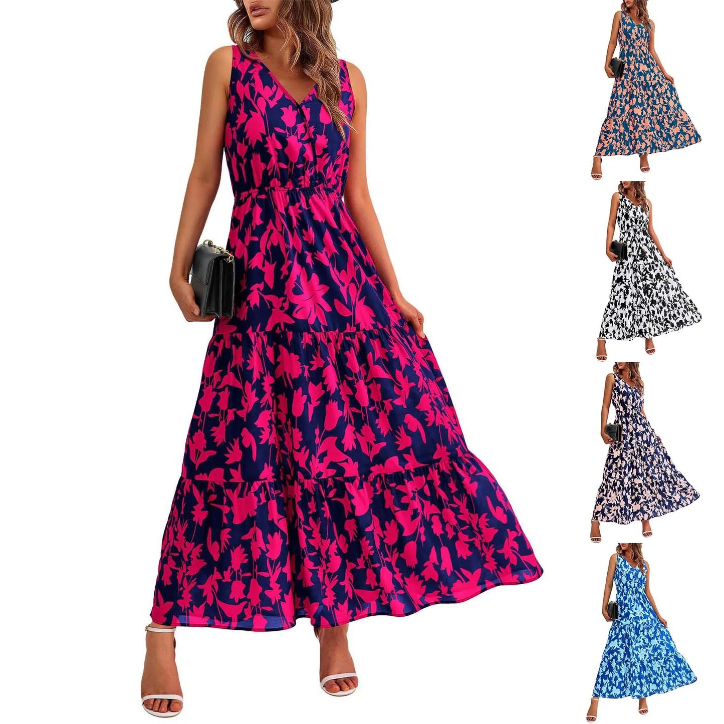 High Waist Flower Printed Dresses For Women Summer Casual Loose And Comfortable Beach Style Sleeveless V-neck Long Dresses