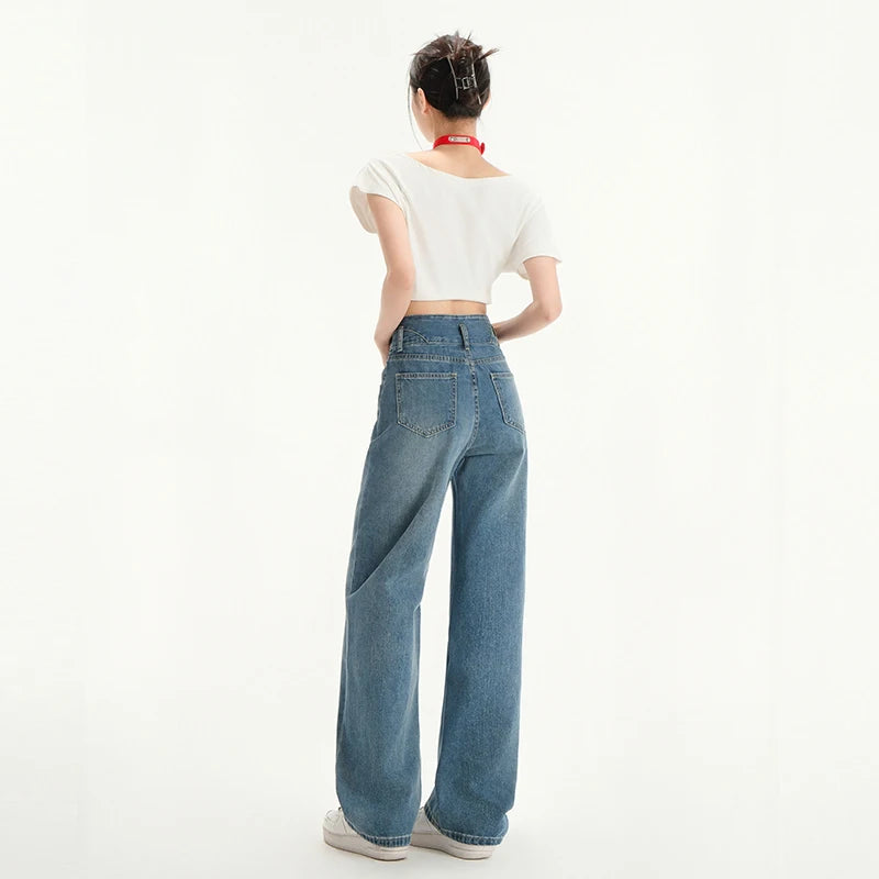High Waist Jeans Trousers for Women Spring Summer 2025 Y2K Streetwear Full-Length Straight Denim Pants Women Blue Jeans Women
