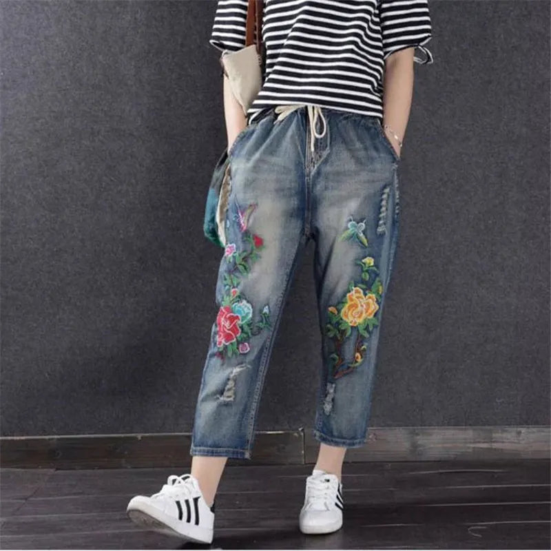 Jeans High Waist Women Retro Straight Trousers For Female Ankle Length Pants Elastic Waist Harem Pant Hole Embroidered Jeans