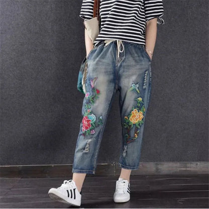 Jeans High Waist Women Retro Straight Trousers For Female Ankle Length Pants Elastic Waist Harem Pant Hole Embroidered Jeans