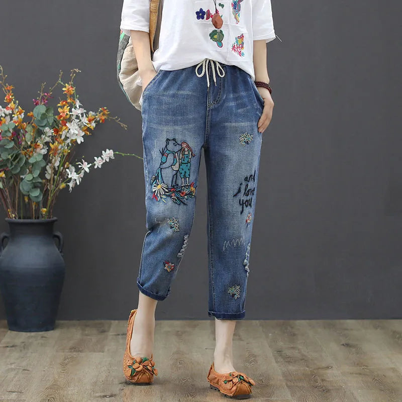 Jeans High Waist Women Retro Straight Trousers For Female Ankle Length Pants Elastic Waist Harem Pant Hole Embroidered Jeans