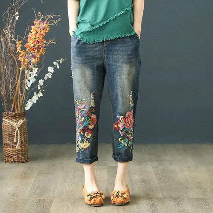 Jeans High Waist Women Retro Straight Trousers For Female Ankle Length Pants Elastic Waist Harem Pant Hole Embroidered Jeans