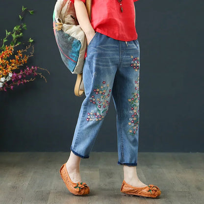 Jeans High Waist Women Retro Straight Trousers For Female Ankle Length Pants Elastic Waist Harem Pant Hole Embroidered Jeans
