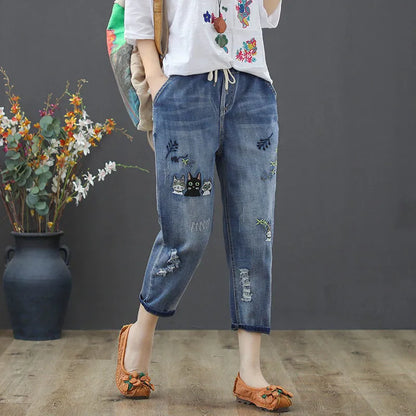 Jeans High Waist Women Retro Straight Trousers For Female Ankle Length Pants Elastic Waist Harem Pant Hole Embroidered Jeans