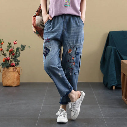 Jeans High Waist Women Retro Straight Trousers For Female Ankle Length Pants Elastic Waist Harem Pant Hole Embroidered Jeans