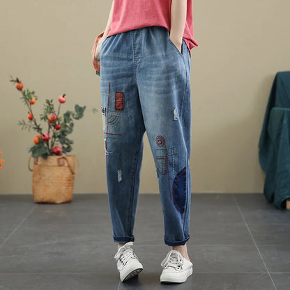 Jeans High Waist Women Retro Straight Trousers For Female Ankle Length Pants Elastic Waist Harem Pant Hole Embroidered Jeans