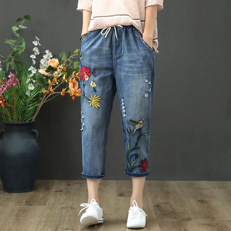Jeans High Waist Women Retro Straight Trousers For Female Ankle Length Pants Elastic Waist Harem Pant Hole Embroidered Jeans