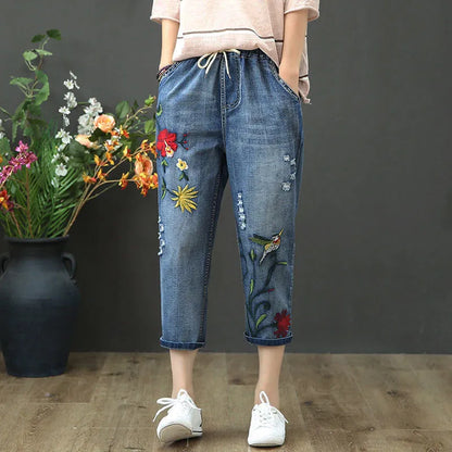 Jeans High Waist Women Retro Straight Trousers For Female Ankle Length Pants Elastic Waist Harem Pant Hole Embroidered Jeans