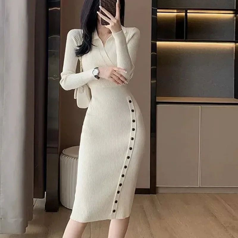 Elegant High Waist Bodycon Dress Women Fashion Streetwear Slim Elastic Knitted Dresses Ladies with Buttons V-Neck Dress Robe