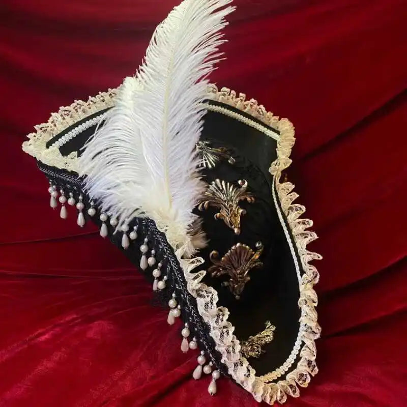Pirate Hat Retro Gothic Countess Pearl Triangle Hat Women Halloween CosPlay Pirate Feather Hat Costume Accessories Props New
