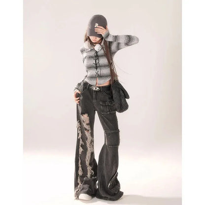 High Waist Ripped Women's Black Jeans Hip-hop Style Fashion Vintage Streetwear Y2K Wide Leg Jean Trouser Baggy Denim Pants