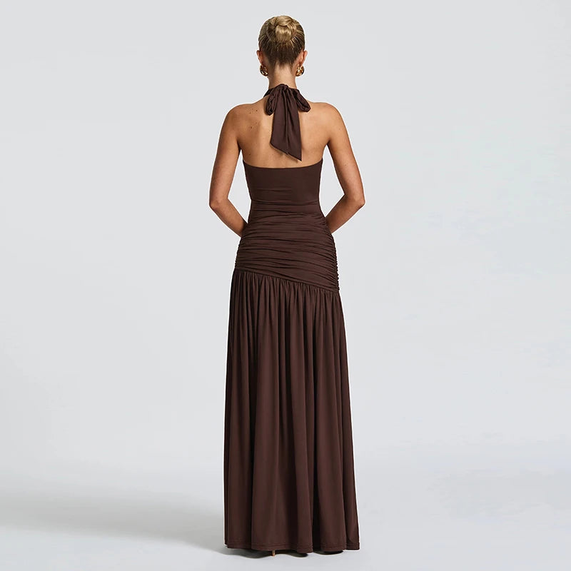 DGLUKE Elegant Halter Backless Maxi Dress Woman Ruched Drop Waist Long Dress Summer High Split Evening Party Dresses