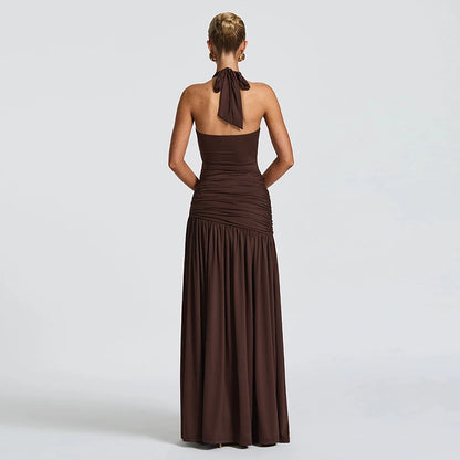 DGLUKE Elegant Halter Backless Maxi Dress Woman Ruched Drop Waist Long Dress Summer High Split Evening Party Dresses