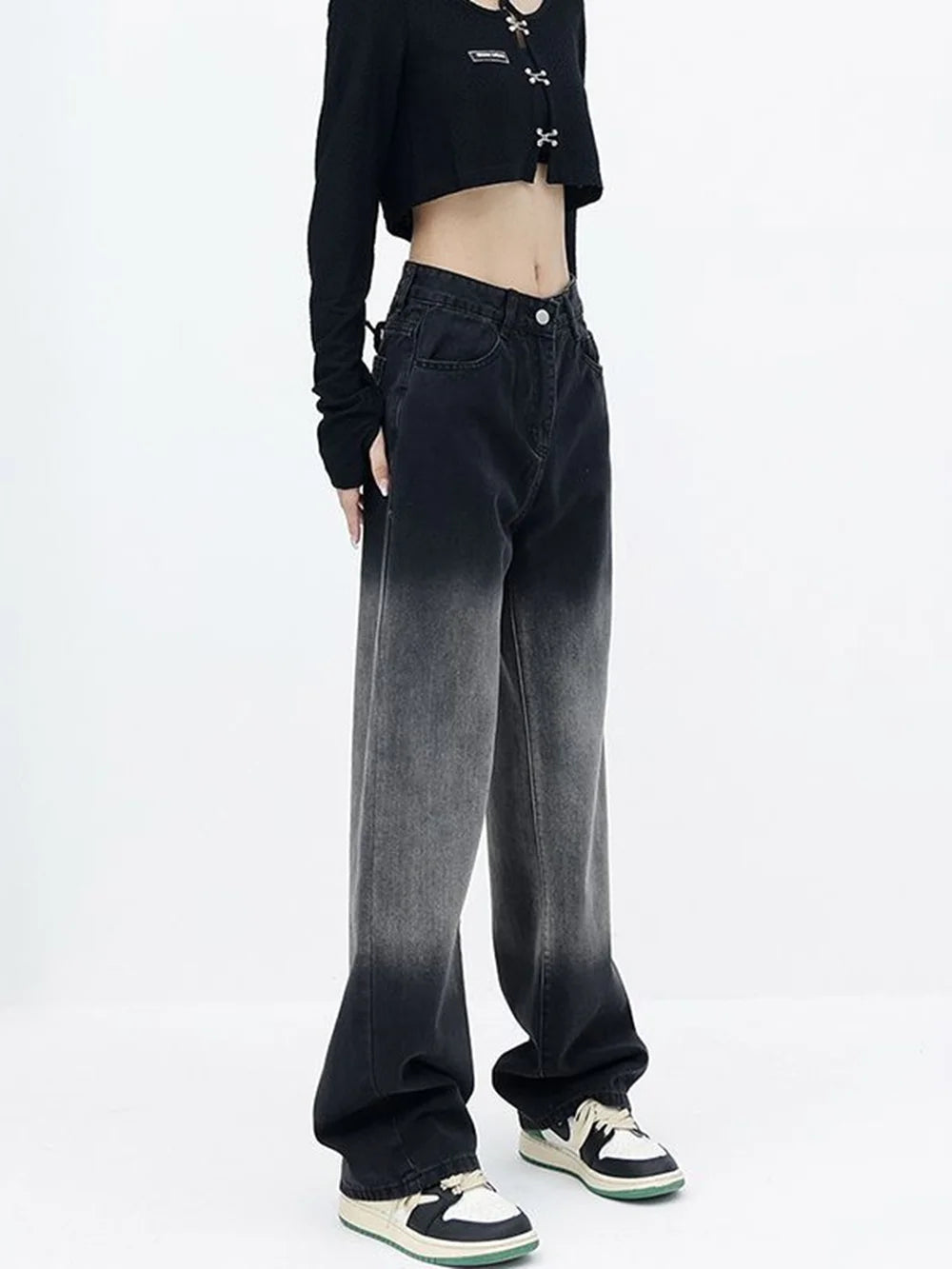 Women's High Waist Slimming Straight Jeans Black Gradient Pear Shaped Chubby Sister Spring Autumn New Style