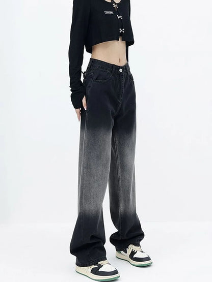Women's High Waist Slimming Straight Jeans Black Gradient Pear Shaped Chubby Sister Spring Autumn New Style