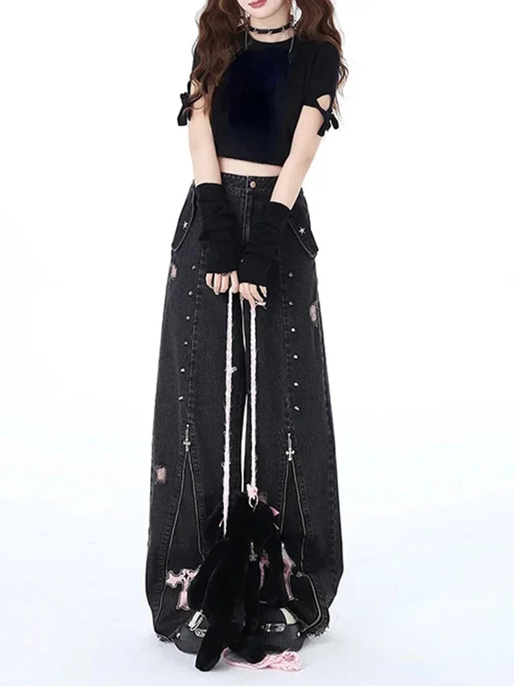 Vintage High Waist Cowboy Pants Harajuku Trousers Aesthetic Y2K Sweet Cool Straight Leg Jeans for Women Black Gothic Baggy