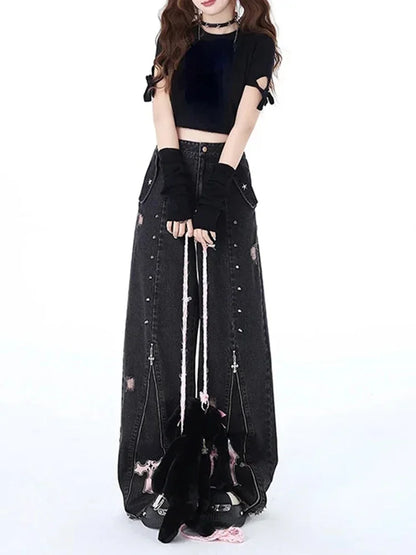 Vintage High Waist Cowboy Pants Harajuku Trousers Aesthetic Y2K Sweet Cool Straight Leg Jeans for Women Black Gothic Baggy