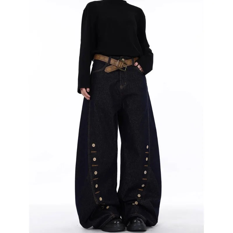 High Waist Blue Jeans for Women Wide Leg Denim Trousers with Buttons Stretch Fabric Casual Street Style Long Length Comfort Fit
